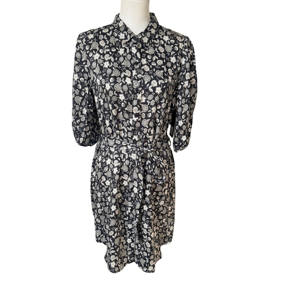 Velvet Heart Black Floral Shirt Dress Tie Waist Medium Classic Chic Office NWT